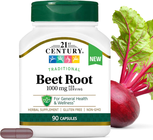 21st Century Beet Root supplement bottle with a beet on a white background