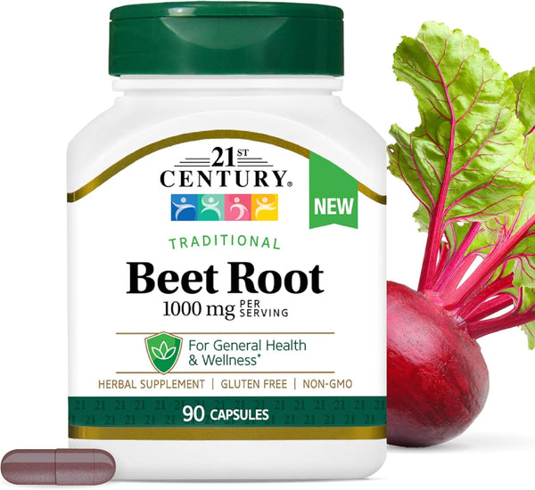 21st Century Beet Root supplement bottle with a beet on a white background