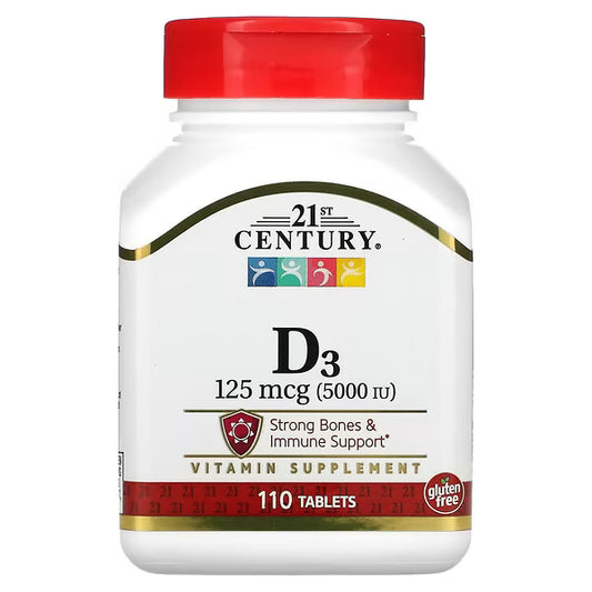 Vitamin D3 supplement bottle with red cap and white label on a white background