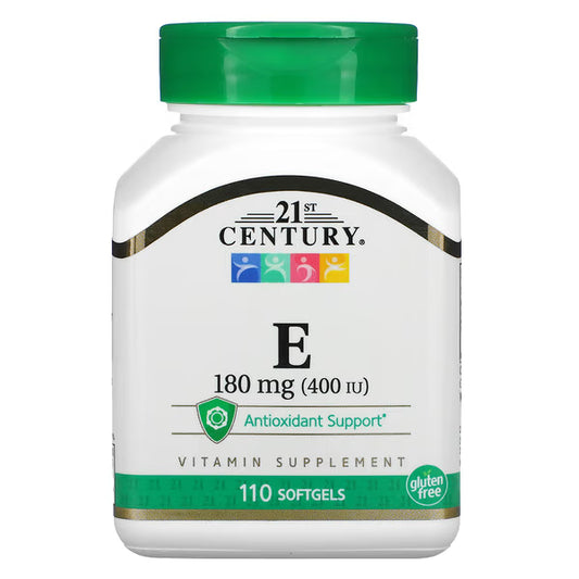 Vitamin E supplement bottle with green cap and label on a white background