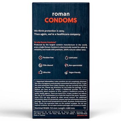 Roman Condoms | Ultra-Thin, Lubricated Condoms Made with 100% Natural Rubber Latex, FDA-Cleared, Electronically Tested for Safety and Reliability