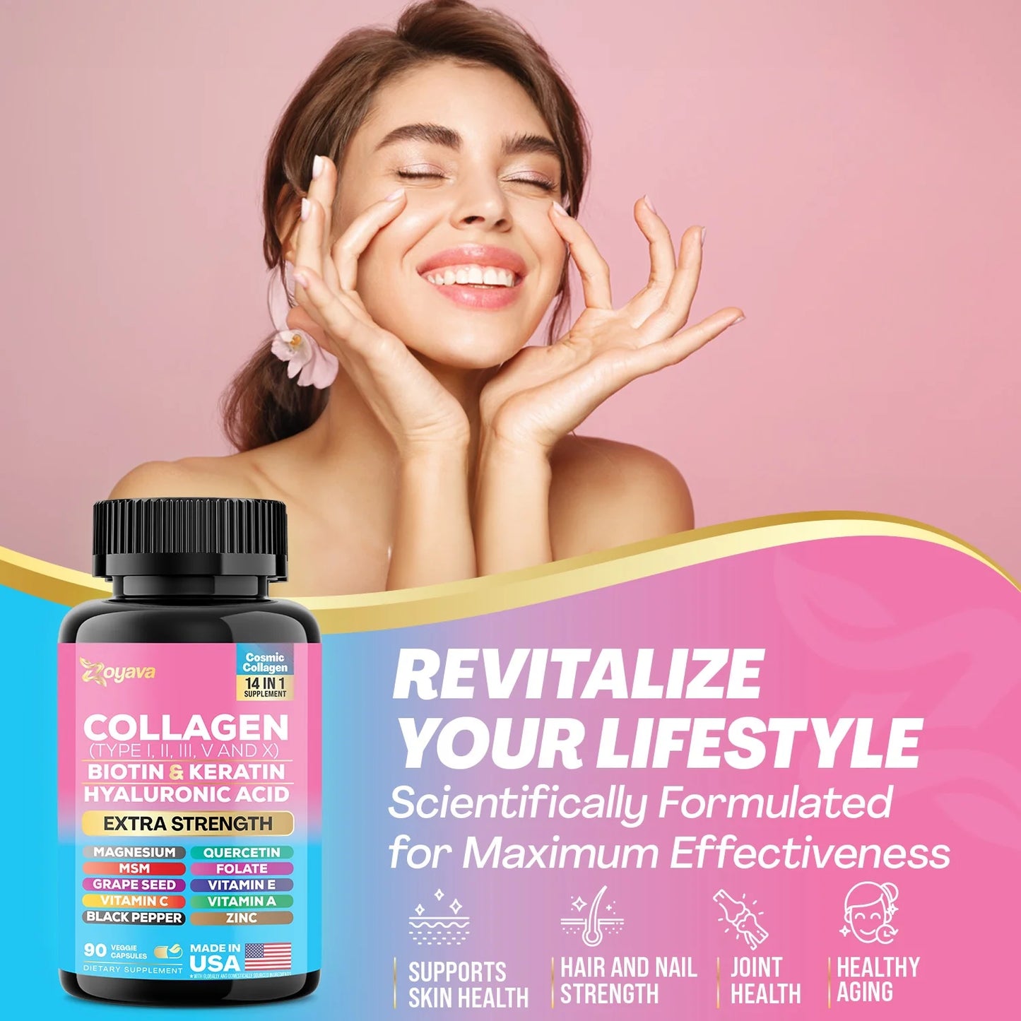 Zoyava Collagen For Women & Men Capsules Peptides Type I II III V X 64,000 MCG Biotin - 90ct