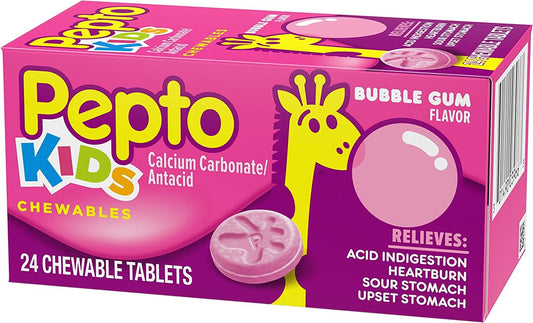 Pepto Bubblegum Flavor Chewable Tablets for Heartburn, Acid Indigestion, Sour Stomach, and Upset Stomach for Children 24 ct