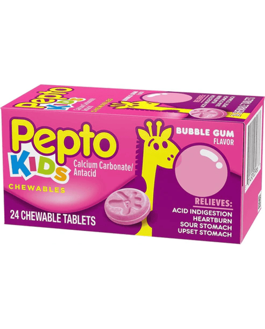 Pepto Bubblegum Flavor Chewable Tablets for Heartburn, Acid Indigestion, Sour Stomach, and Upset Stomach for Children 24 ct