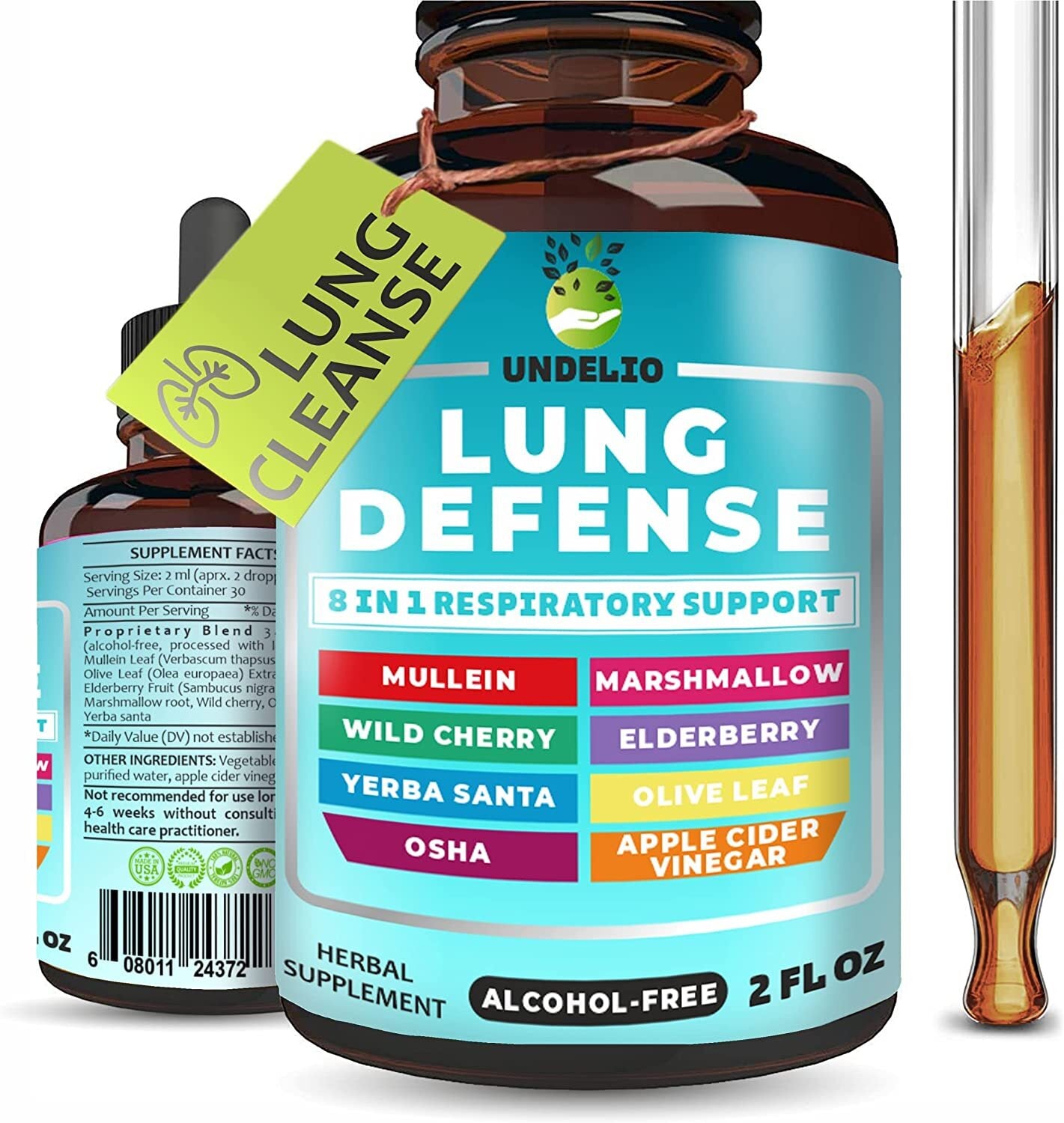 LUNG DEFENSE Herbal Extract - 8 in 1 Blend (Mullein, Marshmallow, OSHA, Wild Cherry, Elderberry, Yerba Santa, Olive Leaf, ACV) Lung Cleanse - Respiratory & Immune System support