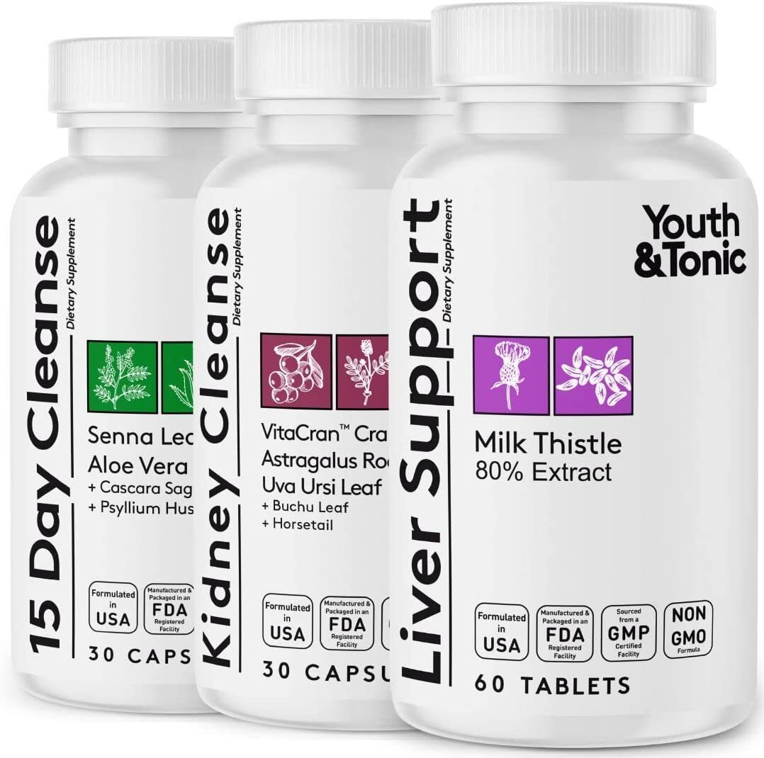 Youth & Tonic 3X Body Detox and Cleanse for Women & Men | Liver and Kidney Support & 15 Day Colon Cleanser to Repair Detoxify and Full Waste Loss | Supplement Pills