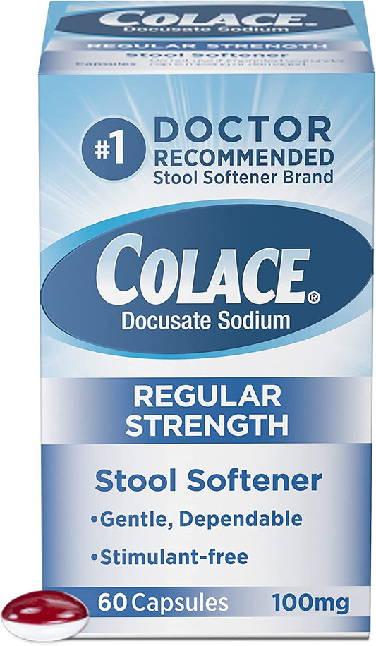 COLACE Regular Strength Stool Softener 100 mg Capsules 60 Count Docusate Sodium Stool Softener for Gentle Dependable Relief