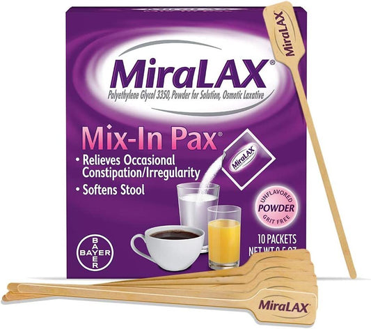 MiraLax Laxative Powder for Gentle Constipation Relief, 10 Count Mix-In Packs + Mixing Stirrers