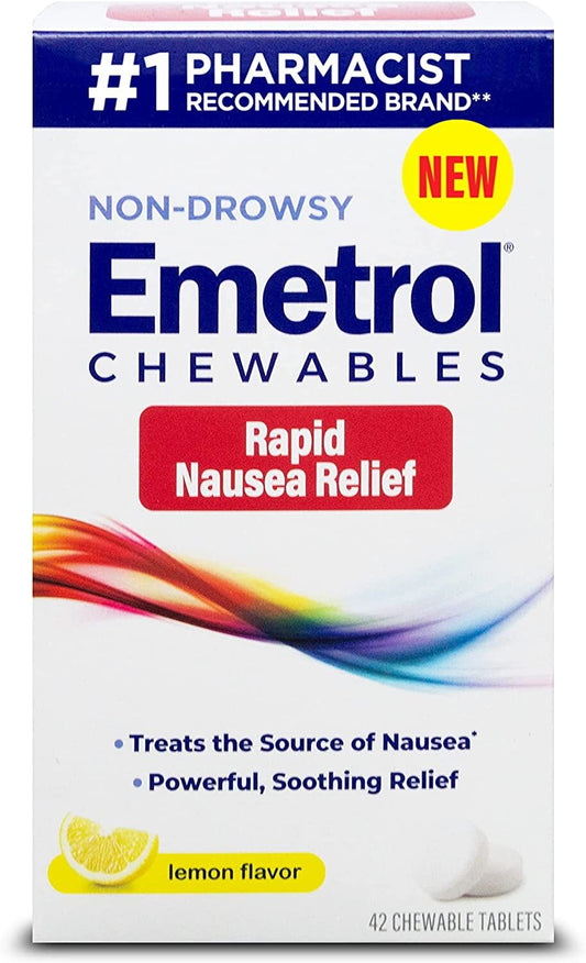 Emetrol Chewables for Rapid Nausea Relief, Pharmacist-Recommended and Non-Drowsy, Lemon Flavor, 42 Tablets