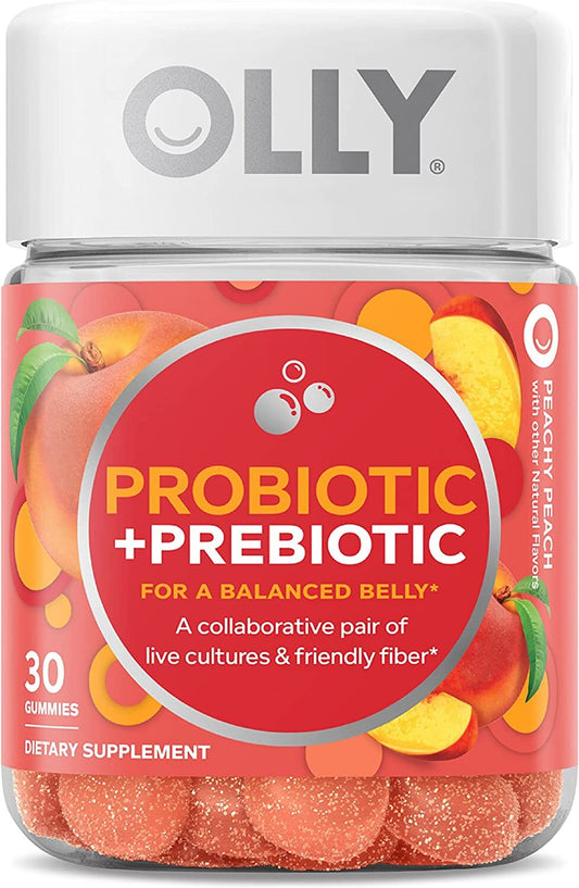 OLLY Probiotic + Prebiotic Gummy, Digestive Support and Gut Health, 500 Million CFUs, Fiber, Adult Chewable Supplement for Men and Women, Peach, 30 Day...