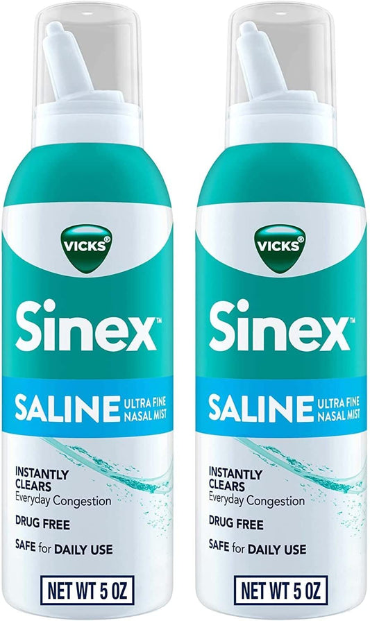 Sinex Saline Nasal Spray, Drug Free Ultra Fine Mist, Clear Everyday Sinus Congestion Fast, Clear Mucus from a Cold or Allergy, Daily Use 5.0 fl oz x 2