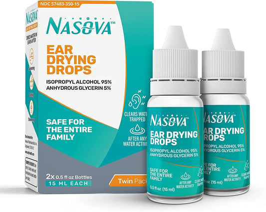 Nasova Swimmer's Ear Drying Drops for Adults & Kids, Twin Pack 2X 0.5 fl oz Bottles (15 ml Each) Clear Trapped Water After Any Water Activity.