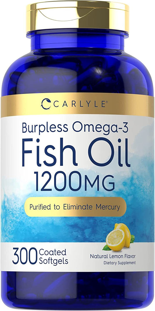 Burpless Fish Oil 1200 mg | 300 Softgels | with 360 mg Omega-3 Fatty Acids | Natural Lemon Flavor | Non-GMO, Gluten Free Supplement