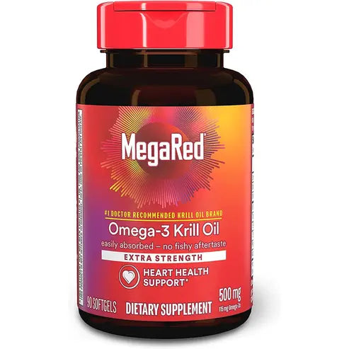 Antarctic Krill Oil 500mg Omega 3 Fatty Acid Supplement, MegaRed Extra Strength EPA & DHA Softgels (90cnt box), Antioxidant Astaxanthin, Heart Health Supplement With No Fish Oil Aftertaste