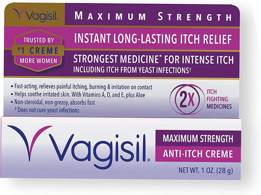 Maximum Strength Feminine Anti-Itch Cream with Benzocaine for Women, Helps Relieve Yeast Infection Irritation, Gynecologist Tested, Fast-acting, Soothes and Cools Skin, 1 oz