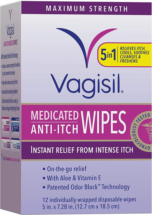 Anti-Itch Medicated Feminine Intimate Wipes for Women, Maximum Strength, Gynecologist Tested, 12 Wipes