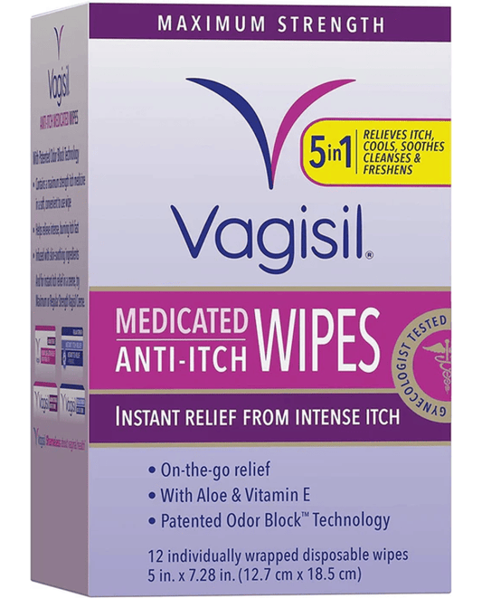 Anti-Itch Medicated Feminine Intimate Wipes for Women, Maximum Strength, Gynecologist Tested, 12 Wipes