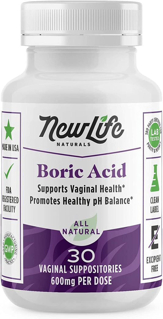 Medical Grade Boric Acid Vaginal Suppositories - 600mg - 100% Pure Womens pH Balance Pills - Yeast Infection, BV -30 Capsules: Made in USA