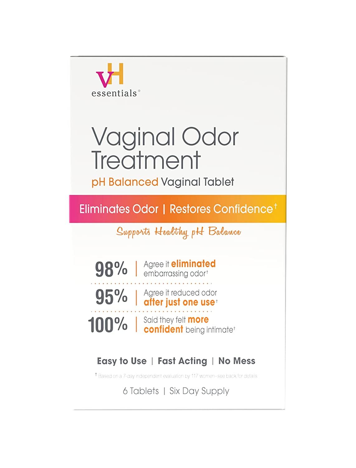 vH essentials Vaginal Odor Treatment - pH Balanced Vaginal Suppositories - 6 Tablets With Applicator