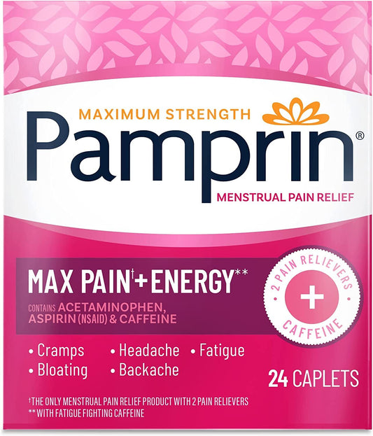 Maximum Strength Max Formula, with Acetaminophen, Menstrual Period Symptoms Relief for Cramps, Headache, Pain and Bloating, 24 Caplets