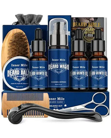 Beard Growth Kit - Beard Kit with Beard Roller, Beard Growth Oil, Beard Wash, Beard Balm, Beard Brush, Comb, Shaving Scissors, Bag, eBook FULLLIGHT TECH