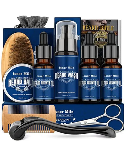 Beard Growth Kit - Beard Kit with Beard Roller, Beard Growth Oil, Beard Wash, Beard Balm, Beard Brush, Comb, Shaving Scissors, Bag, eBook
