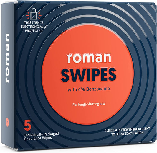 Roman Swipes | Fast-Acting, Convenient, Over-The-Counter Wipes Increase Stamina, Formulated with 4% Benzocaine, Features Discreet Packaging | 5-Pack