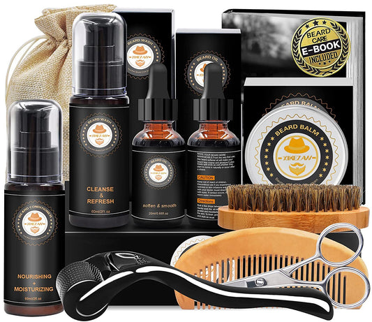 Upgraded Beard Grooming Kit w/Beard Conditioner, Beard Oil, Beard Balm, Beard Brush, Beard Shampoo/Wash, Beard Comb, Beard Scissors, Storage Bag, Beard E-Book, Beard Growth Care Gifts for Men