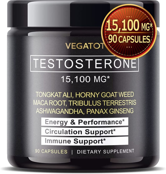 VEGATOT in 1 Ultimate Testosterone Booster 15100MG - Boost Performance with Tongkat Ali Panax Ginseng Maca Root Ashwagandha Tribulus - Energy Stamina Circulation Immune Support