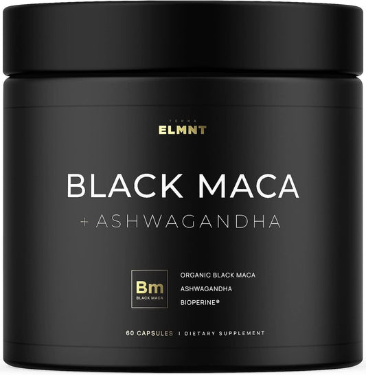 Organic Black Maca Root w. Ashwagandha - Highest Potency Black Maca Root Capsules for Men with 100% Pure Maca Peruana Powder Organic, Gelatinized, Non-GMO - 60 Pills