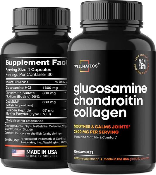 WELLMATICS Glucosamine Chondroitin with MSM & Collagen - Made in USA - Natural Joint Support Supplement - Triple Action for Joint Health - Joint Discomfort Relief for Back, Knees, Hands - 120 Capsules