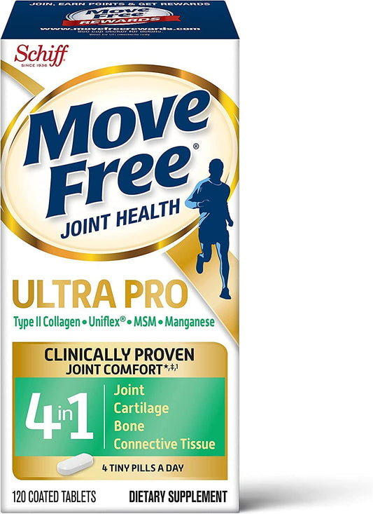 Move Free Ultra Pro with Quadruple Action Joint Support - Type 2 Collagen MSM Calcium Fructoborate & Manganese - Supports Joint Cartiliage Bone Connective Tissue, 120 Tablets (30 servings)