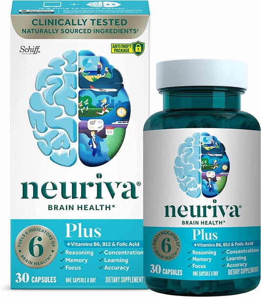 NEURIVA Plus Vegetarian Brain Supplement For Memory, Focus & Concentration + Cognitive Function, Vitamins B6 & B12 and Clinically Tested Nootropics Phosphatidylserine and Neurofactor, 30ct Capsules