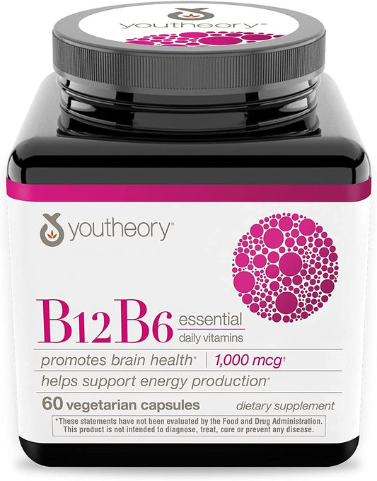 Youtheory Vitamin B12 B6, Daily Energy and Brain Support Supplement, Vegetarian Capsules, 60 ct