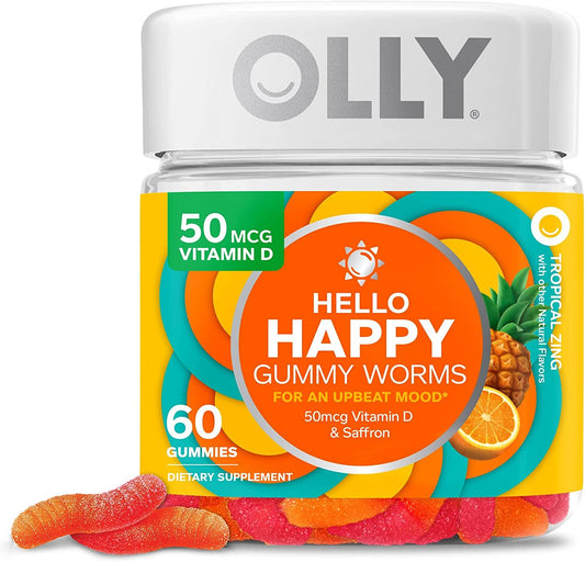 OLLY Hello Happy Gummy Worms, Mood Balance Support, Vitamin D, Saffron, Adult Chewable Supplement, Tropical Zing - 60 Count