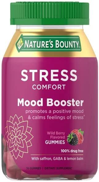 Nature's Bounty, Mood Booster, Dietary Supplement with Saffron, GABA, and Lemon Balm, Calms Feelings of Occasional Stress, Wild Berry Flavor, 36 Gummies