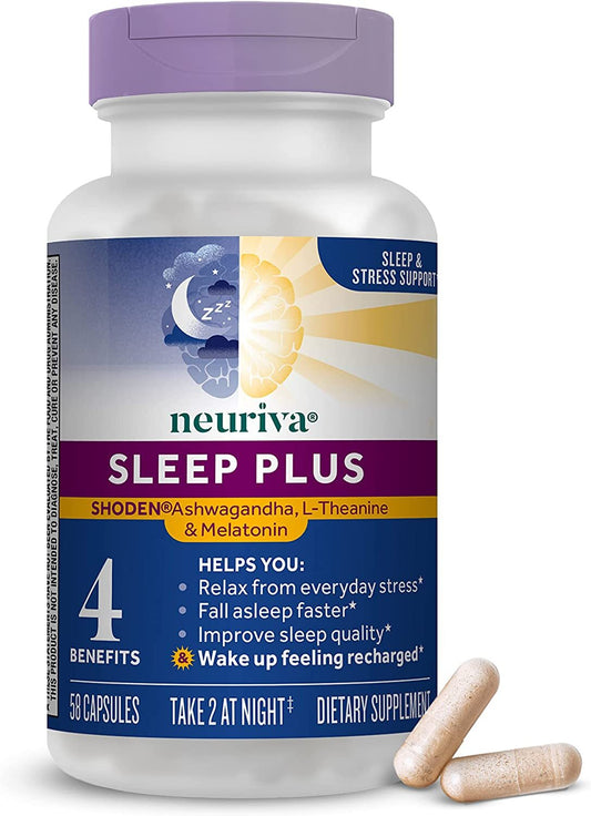 NEURIVA Sleep Plus with 4-in-1 Benefits - Clinically Tested Ashwagandha, L-Theanine & Melatonin - Reduce Stress, Fall Asleep Faster, Improve Sleep Quality, Wake Up Refreshed*,