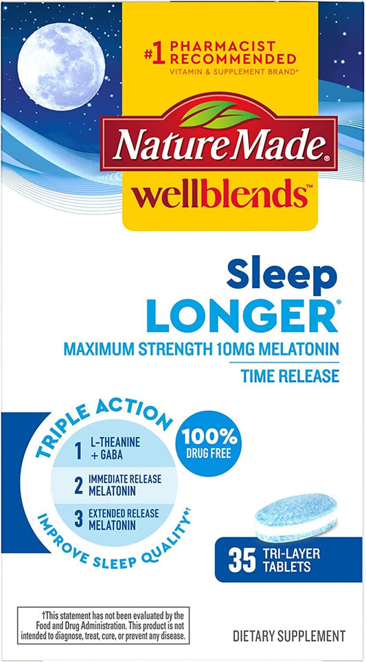 Wellblends Sleep Longer, Melatonin 10mg, L-theanine, and GABA, Sleep Supplement, 35 Tri-Layer Tablets