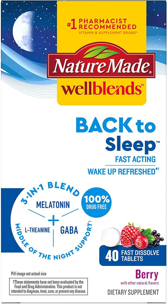 Nature Made Wellblends Back to Sleep, Melatonin 1 mg, L-theanine, and GABA, Sleep Supplement, 40 Fast Dissolve Tablets