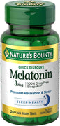 Nature's Bounty Melatonin 3mg, 100% Drug Free Sleep Aids for Adults, Supports Relaxation and Sleep, Dietary Supplement, 240 Count