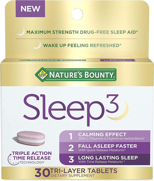 Nature Bounty Sleep3 Maximum Strength 100% Drug Free Sleep Aid, Dietary Supplement, L-Theanine & Nighttime Herbal Blend Time Release Technology, 10mg, 30 Tri-Layered Tablets