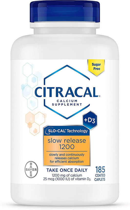 Citracal, Slow Release 1200, 1200 mg Calcium Citrate and Calcium Carbonate Blend with 1000 IU Vitamin D3, Bone Health Supplement for Adults, Once Daily Caplets, 185 Count