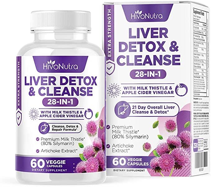 HivoNutra 28-in-1 Liver Cleanse Detox & Repair Fatty Liver Formula - Milk Thistle Silymarin, Artichoke Extract, Dandelion & Apple Cider Vinegar - Liver Health Supplement Support Pills - Vegan Capsules