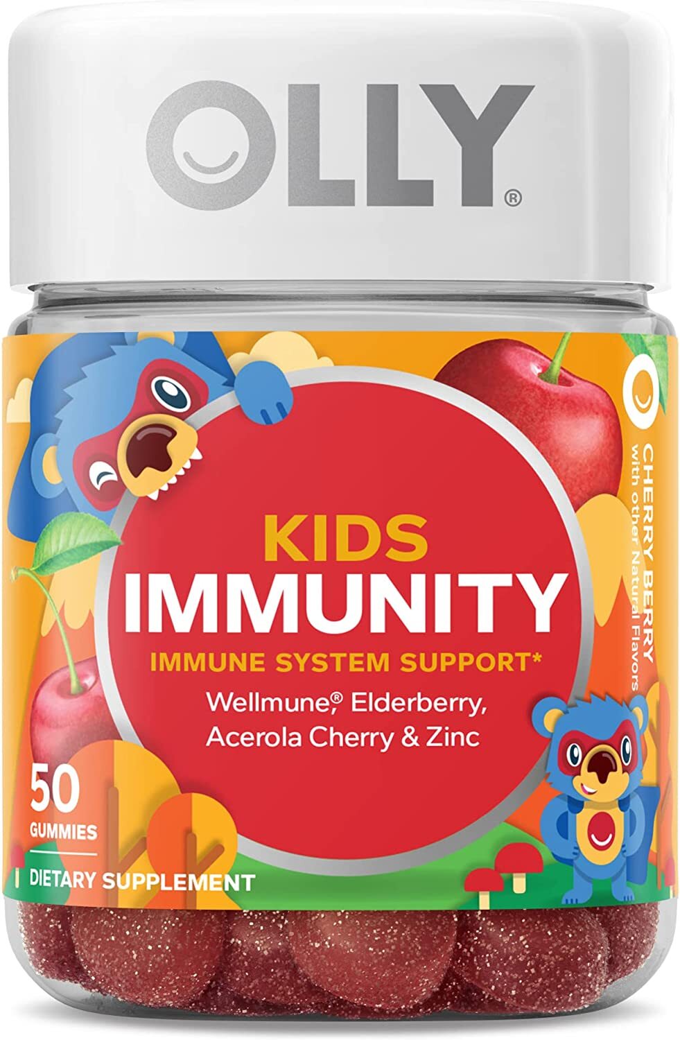 OLLY Kids Immunity Gummy, Immune Support, Wellmune, Elderberry, Vitamin C, Zinc, Chewable Supplement, Cherry - 50 Count