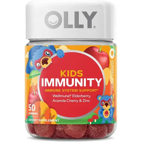 OLLY Kids Immunity Gummy, Immune Support, Wellmune, Elderberry, Vitamin C, Zinc, Chewable Supplement, Cherry - 50 Count