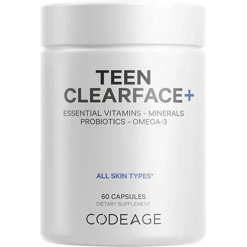 Codeage Teen Clearface Adolescent Face, Skin & Pimples, Vitamins A, C, D3, E, Pantothenic Acid, Niacin, Zinc Supplement Teenagers, Probiotics, L-Lysine, Omega-3, Oily Skin, Pores, Spots - 60 Capsules