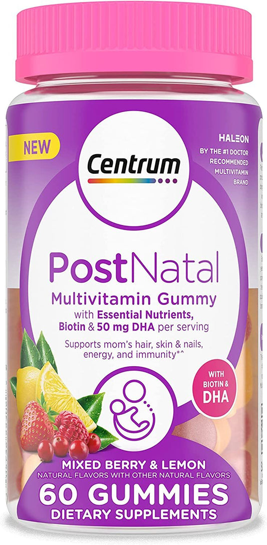 Centrum Postnatal Multivitamin Gummies with Biotin and DHA, Mixed Berry and Lemon Flavors - 60 Count, 30 Day Supply