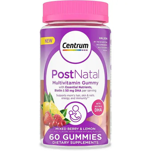 Centrum Postnatal Multivitamin Gummies with Biotin and DHA, Mixed Berry and Lemon Flavors - 60 Count, 30 Day Supply