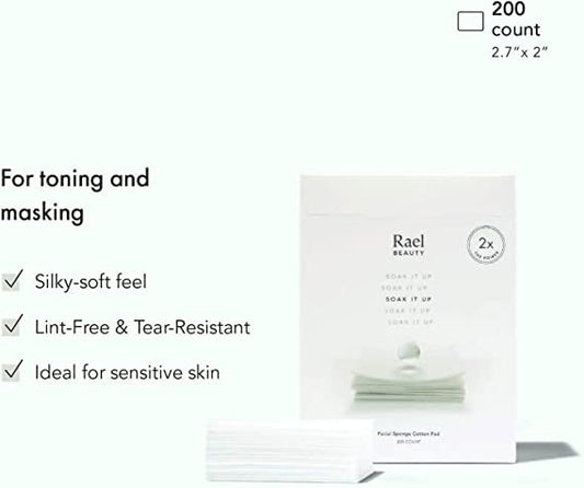 Rael Skin Care, Cotton Pads for Face - Facial Sponge Pads, Square Cotton Pads for Face Toner, Makeup Remover and Facial Cleansing, Lint Free, Soft and Thin, Rayon (200 Count)