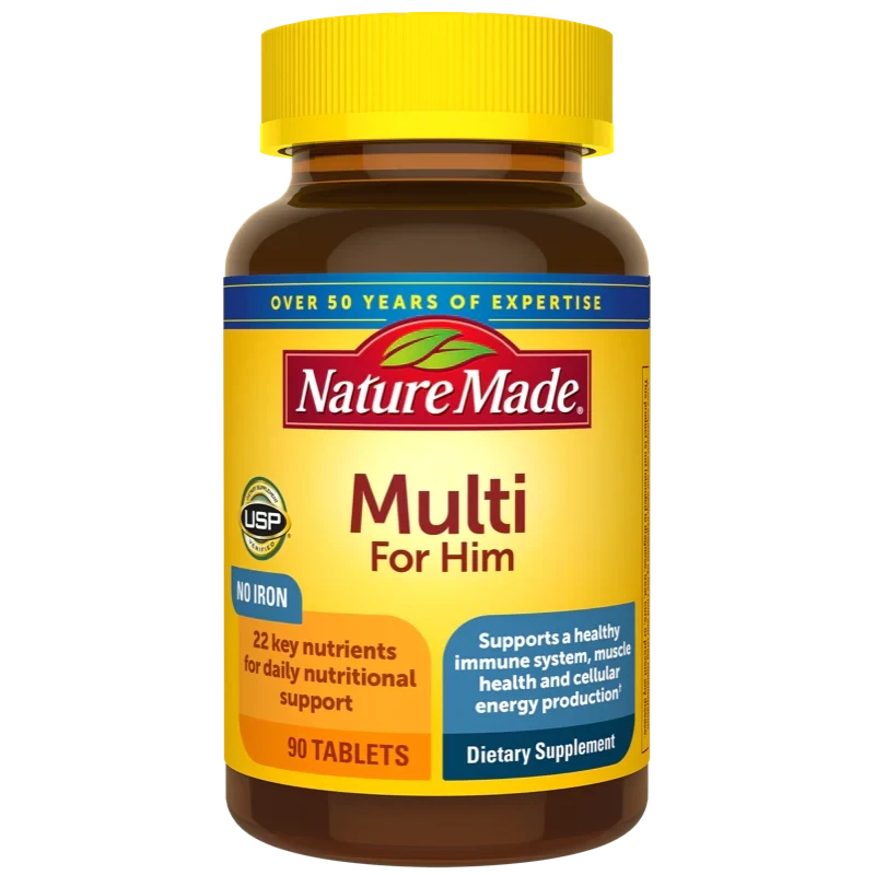 Nature Made Multivitamin For Him with No Iron, Men's Daily Nutritional Support, 90 Tablets, 90 Day Supply